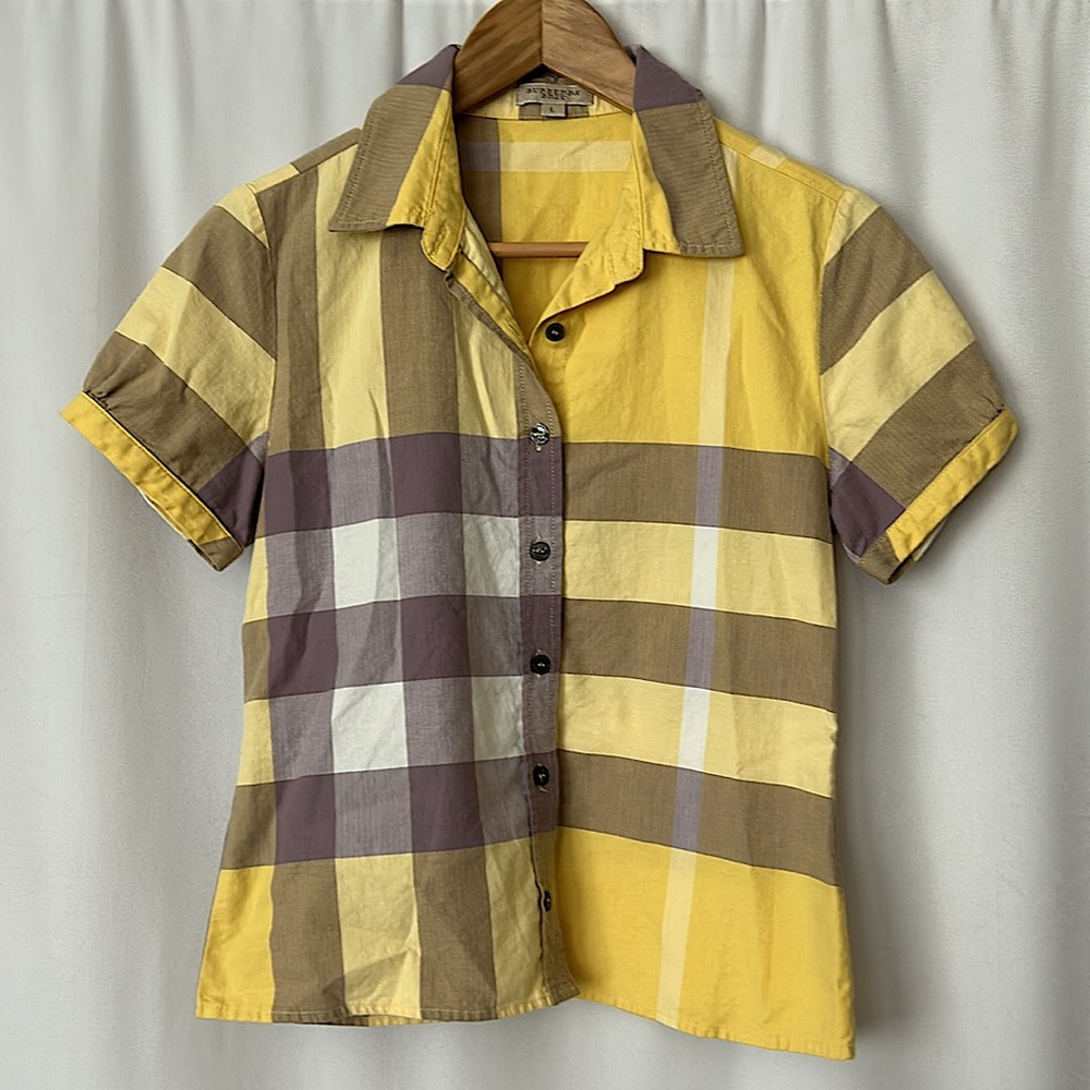 Burberry Brit Sunny Yellow/Grey Plaid Short Sleeve Shirt Top **Size L** 🌼🌼 - Picture 1 of 7